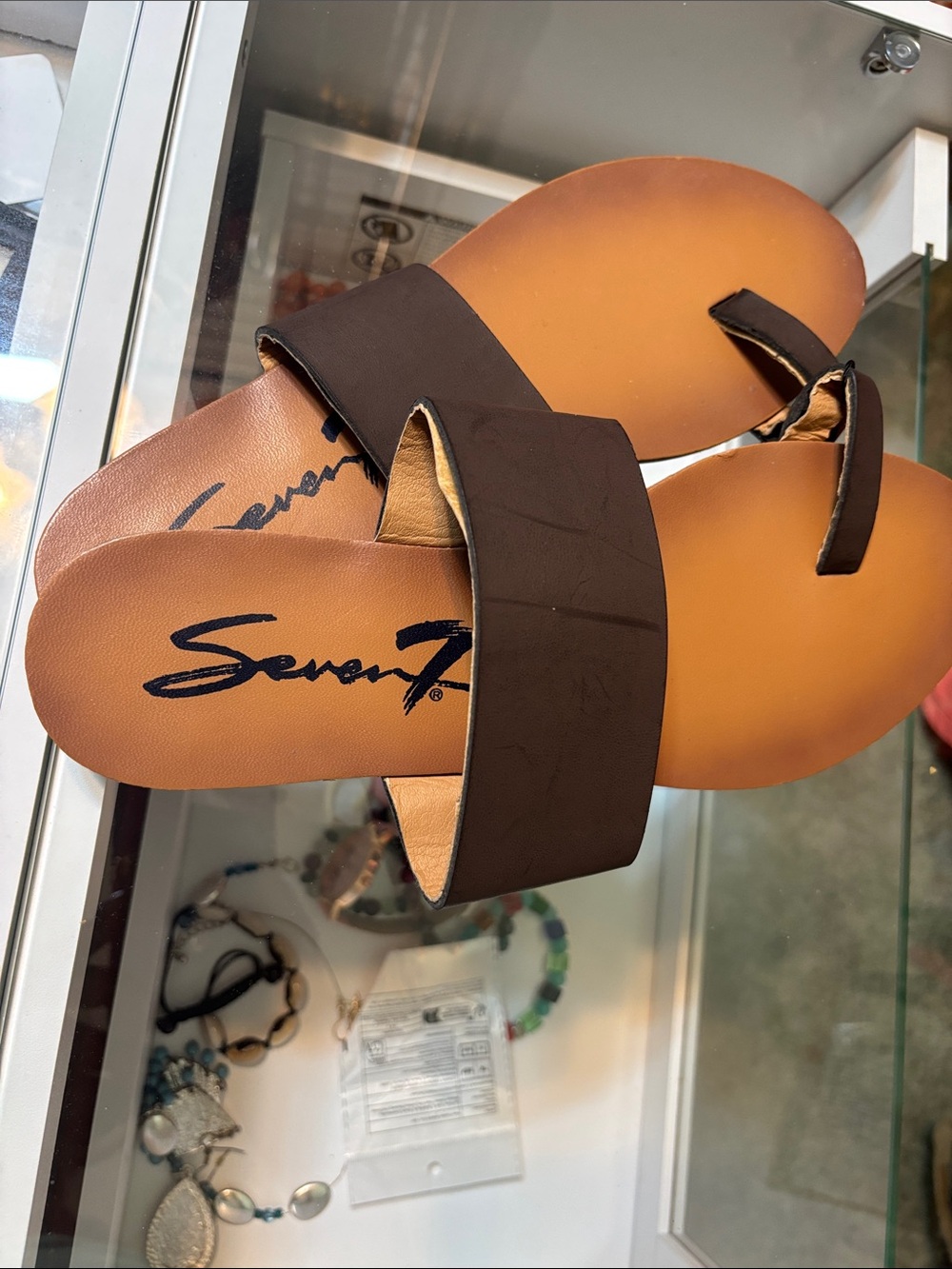 Seven7 Dark Brown Slide Sandals with Tan Footbed